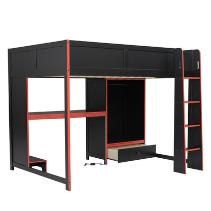 Wood Full Size Gaming Loft Bed with Built-in Desk, Wardrobe, LED and a Drawer, Black