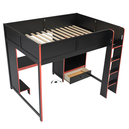 Wood Full Size Gaming Loft Bed with Built-in Desk, Wardrobe, LED and a Drawer, Black
