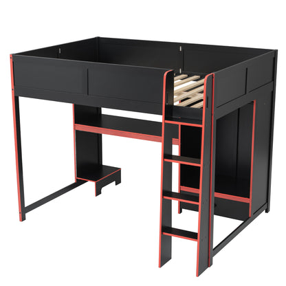Wood Full Size Gaming Loft Bed with Built-in Desk, Wardrobe, LED and a Drawer, Black