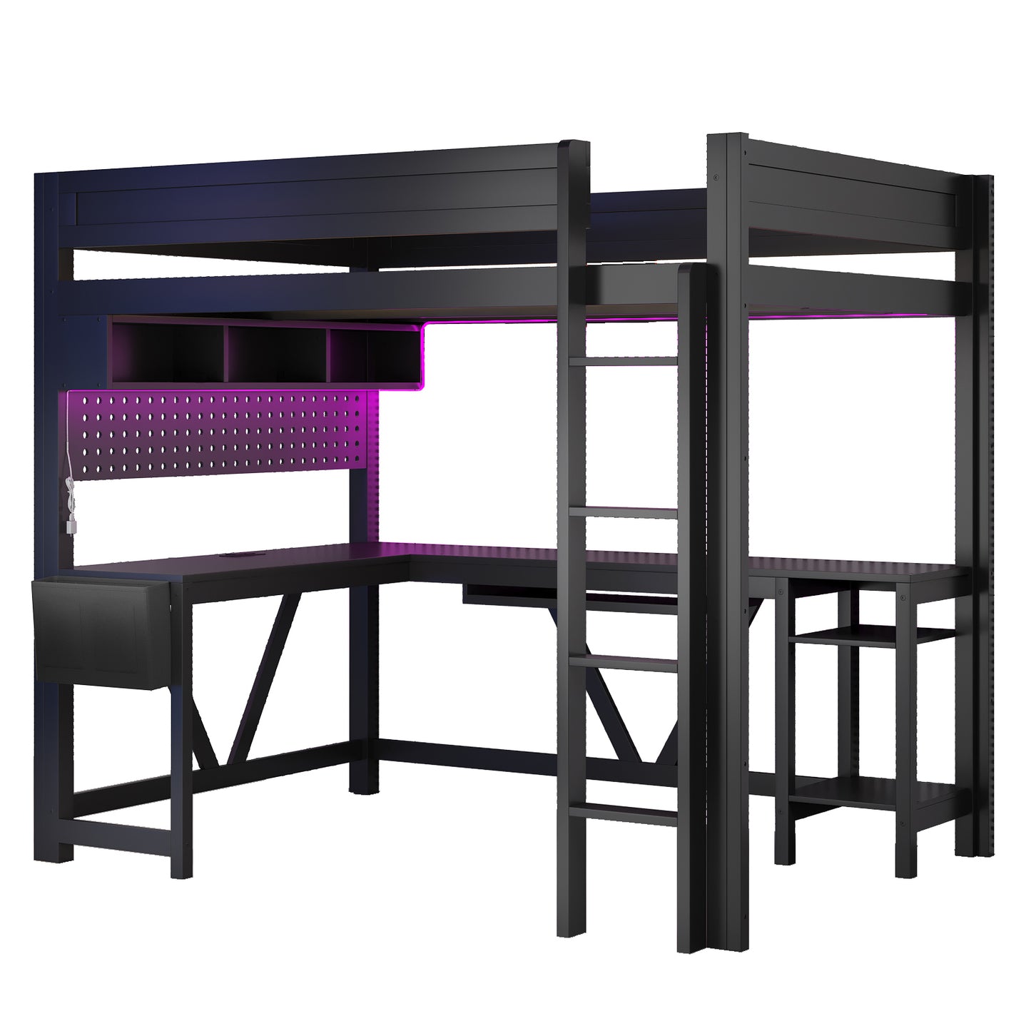 Wood Full Size Gaming Loft Bed with Desk, Storage Shelves, LED and Charging Station, Black