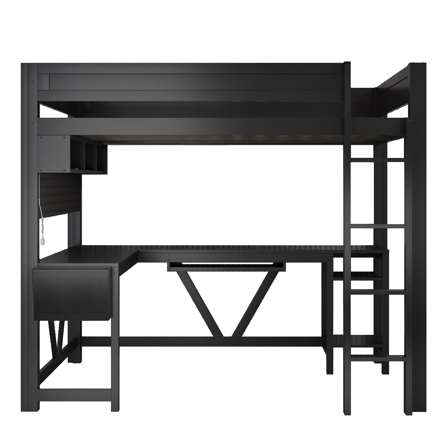 Wood Full Size Gaming Loft Bed with Desk, Storage Shelves, LED and Charging Station, Black