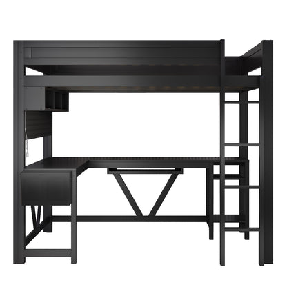 Wood Full Size Gaming Loft Bed with Desk, Storage Shelves, LED and Charging Station, Black