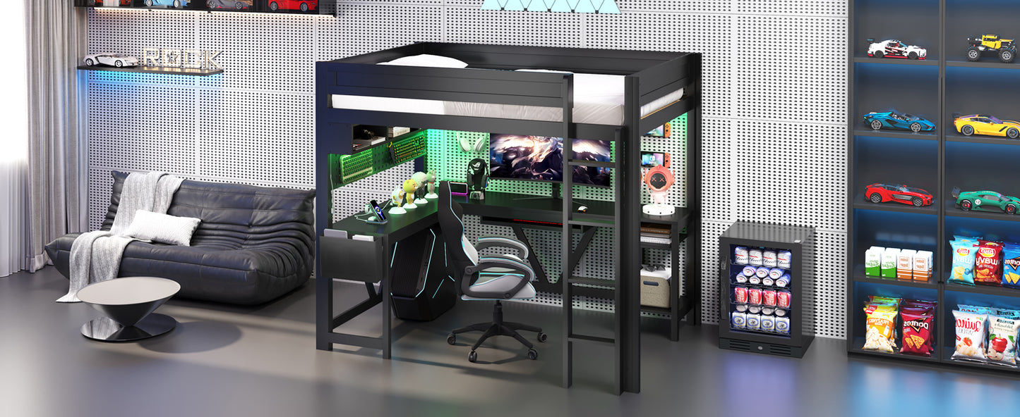 Wood Full Size Gaming Loft Bed with Desk, Storage Shelves, LED and Charging Station, Black