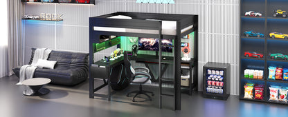 Wood Full Size Gaming Loft Bed with Desk, Storage Shelves, LED and Charging Station, Black
