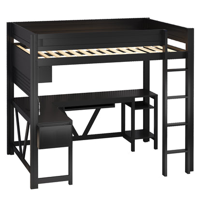 Wood Full Size Gaming Loft Bed with Desk, Storage Shelves, LED and Charging Station, Black