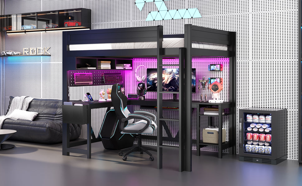 Wood Full Size Gaming Loft Bed with Desk, Storage Shelves, LED and Charging Station, Black