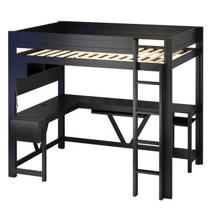 Wood Full Size Gaming Loft Bed with Desk, Storage Shelves, LED and Charging Station, Black
