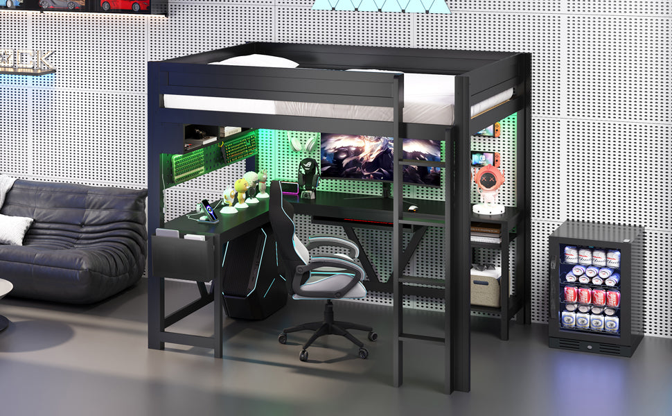 Wood Full Size Gaming Loft Bed with Desk, Storage Shelves, LED and Charging Station, Black