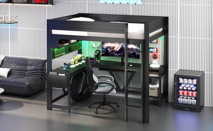 Wood Full Size Gaming Loft Bed with Desk, Storage Shelves, LED and Charging Station, Black