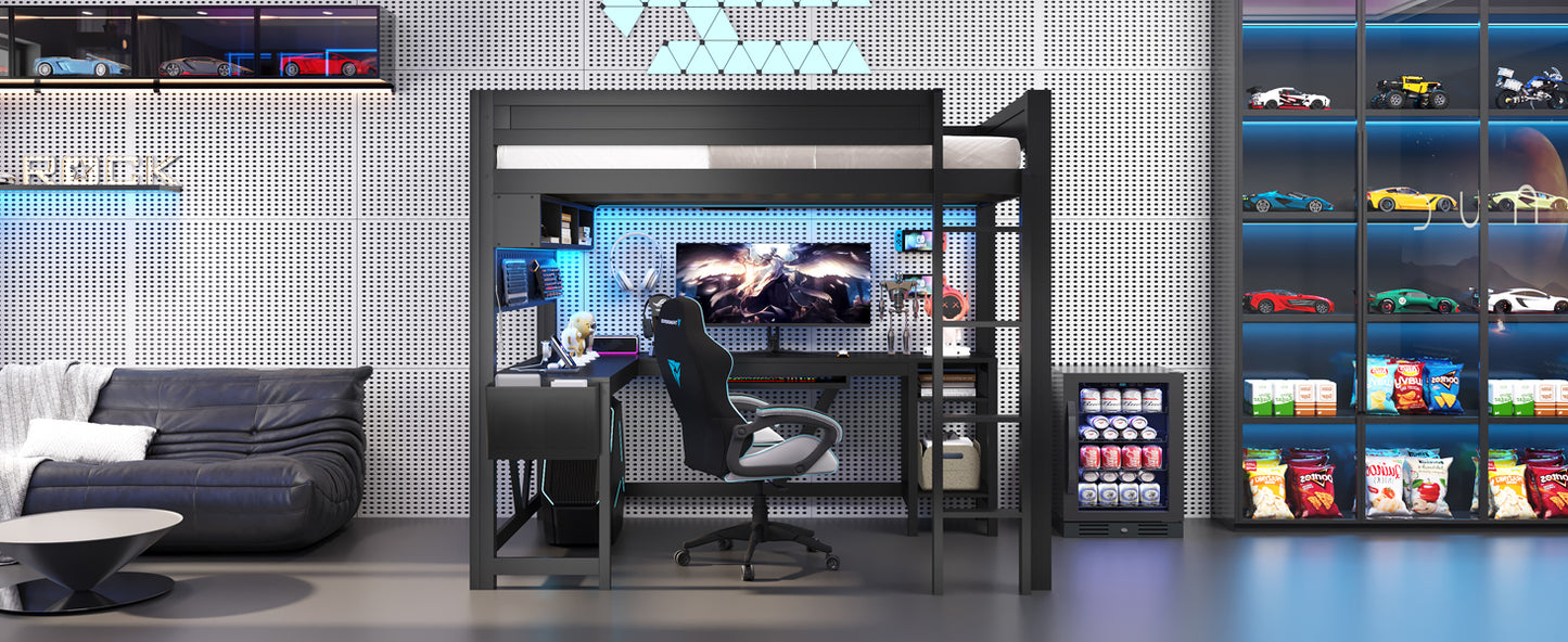 Wood Full Size Gaming Loft Bed with Desk, Storage Shelves, LED and Charging Station, Black