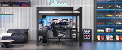 Wood Full Size Gaming Loft Bed with Desk, Storage Shelves, LED and Charging Station, Black