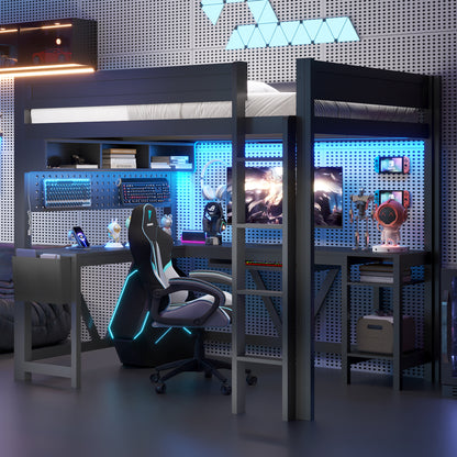 Wood Full Size Gaming Loft Bed with Desk, Storage Shelves, LED and Charging Station, Black