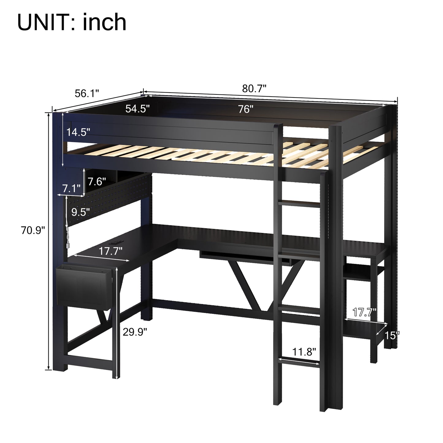 Wood Full Size Gaming Loft Bed with Desk, Storage Shelves, LED and Charging Station, Black