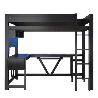 Wood Full Size Gaming Loft Bed with Desk, Storage Shelves, LED and Charging Station, Black