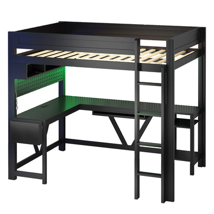 Wood Full Size Gaming Loft Bed with Desk, Storage Shelves, LED and Charging Station, Black