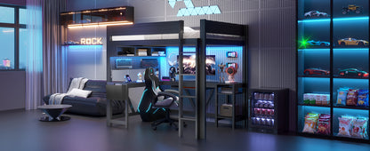 Wood Full Size Gaming Loft Bed with Desk, Storage Shelves, LED and Charging Station, Black
