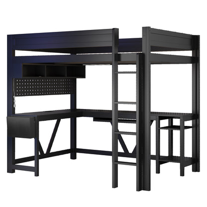 Wood Full Size Gaming Loft Bed with Desk, Storage Shelves, LED and Charging Station, Black