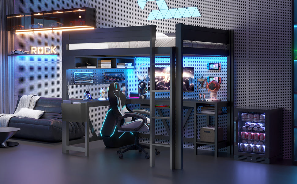 Wood Full Size Gaming Loft Bed with Desk, Storage Shelves, LED and Charging Station, Black