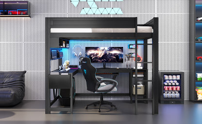 Wood Full Size Gaming Loft Bed with Desk, Storage Shelves, LED and Charging Station, Black