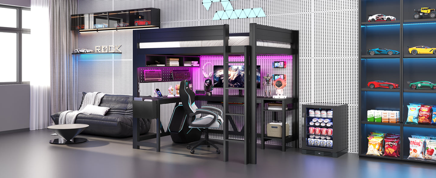Wood Full Size Gaming Loft Bed with Desk, Storage Shelves, LED and Charging Station, Black