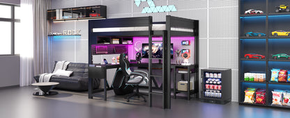 Wood Full Size Gaming Loft Bed with Desk, Storage Shelves, LED and Charging Station, Black