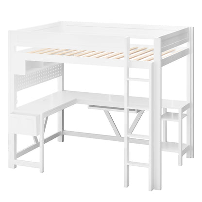 Wood Full Size Gaming Loft Bed with Desk, Storage Shelves, LED and Charging Station, White