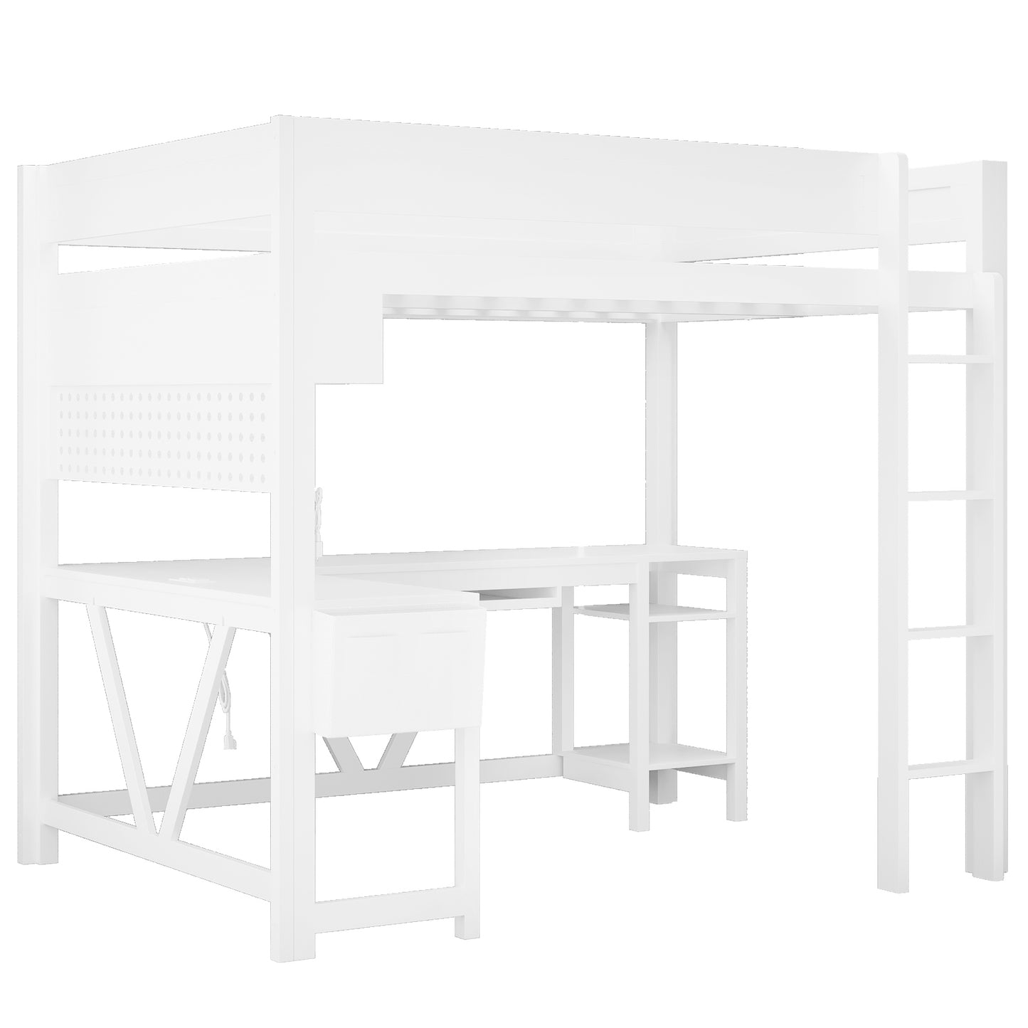 Wood Full Size Gaming Loft Bed with Desk, Storage Shelves, LED and Charging Station, White
