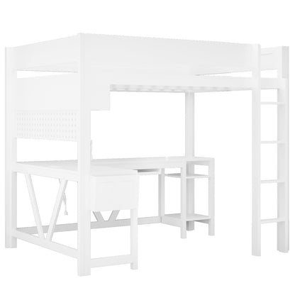 Wood Full Size Gaming Loft Bed with Desk, Storage Shelves, LED and Charging Station, White