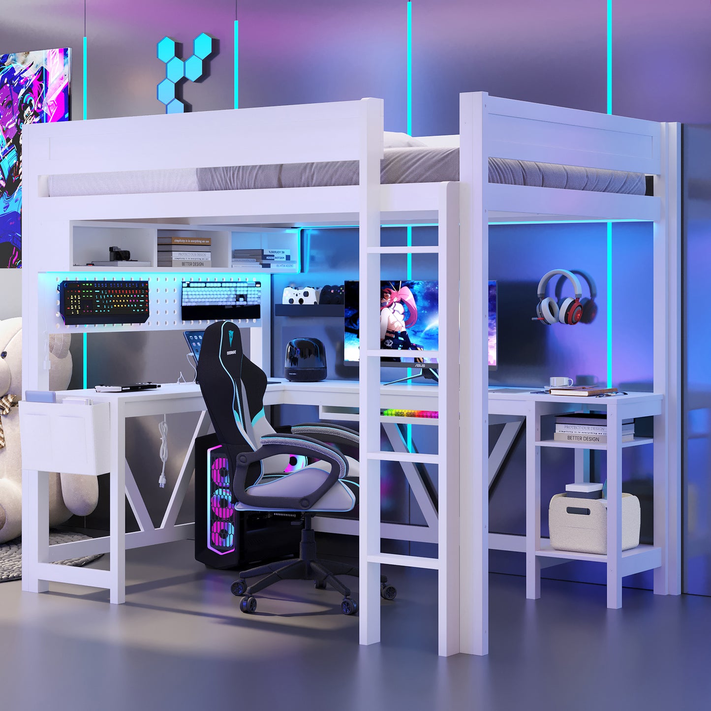 Wood Full Size Gaming Loft Bed with Desk, Storage Shelves, LED and Charging Station, White