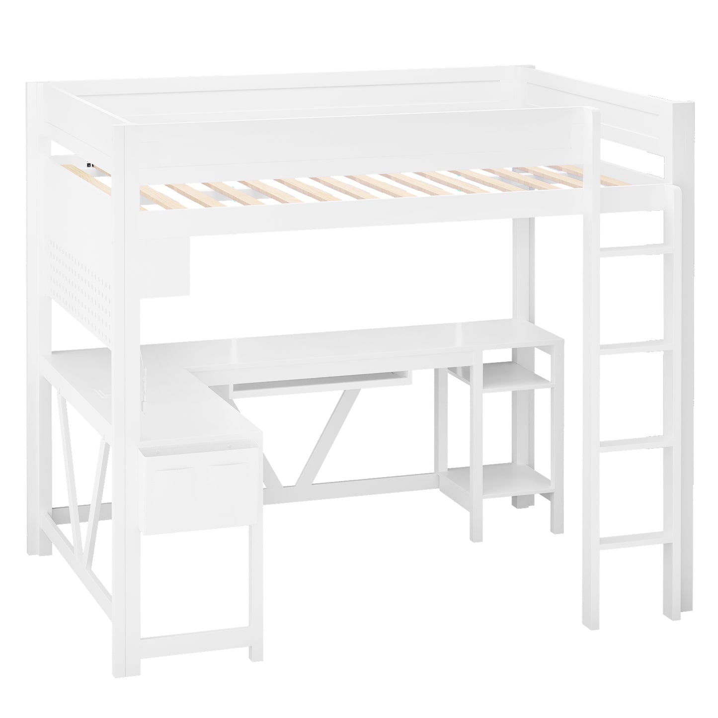 Wood Full Size Gaming Loft Bed with Desk, Storage Shelves, LED and Charging Station, White