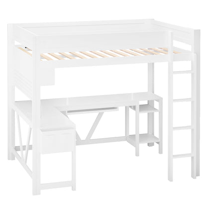 Wood Full Size Gaming Loft Bed with Desk, Storage Shelves, LED and Charging Station, White
