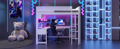 Wood Full Size Gaming Loft Bed with Desk, Storage Shelves, LED and Charging Station, White