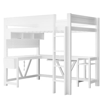 Wood Full Size Gaming Loft Bed with Desk, Storage Shelves, LED and Charging Station, White