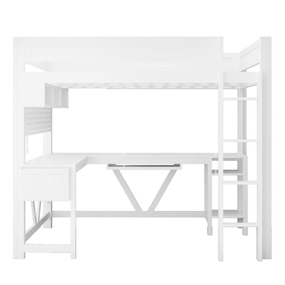 Wood Full Size Gaming Loft Bed with Desk, Storage Shelves, LED and Charging Station, White