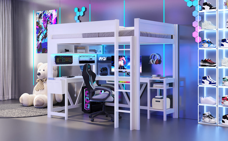 Wood Full Size Gaming Loft Bed with Desk, Storage Shelves, LED and Charging Station, White