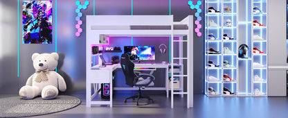 Wood Full Size Gaming Loft Bed with Desk, Storage Shelves, LED and Charging Station, White