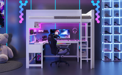 Wood Full Size Gaming Loft Bed with Desk, Storage Shelves, LED and Charging Station, White