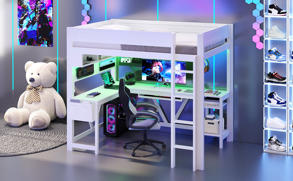 Wood Full Size Gaming Loft Bed with Desk, Storage Shelves, LED and Charging Station, White