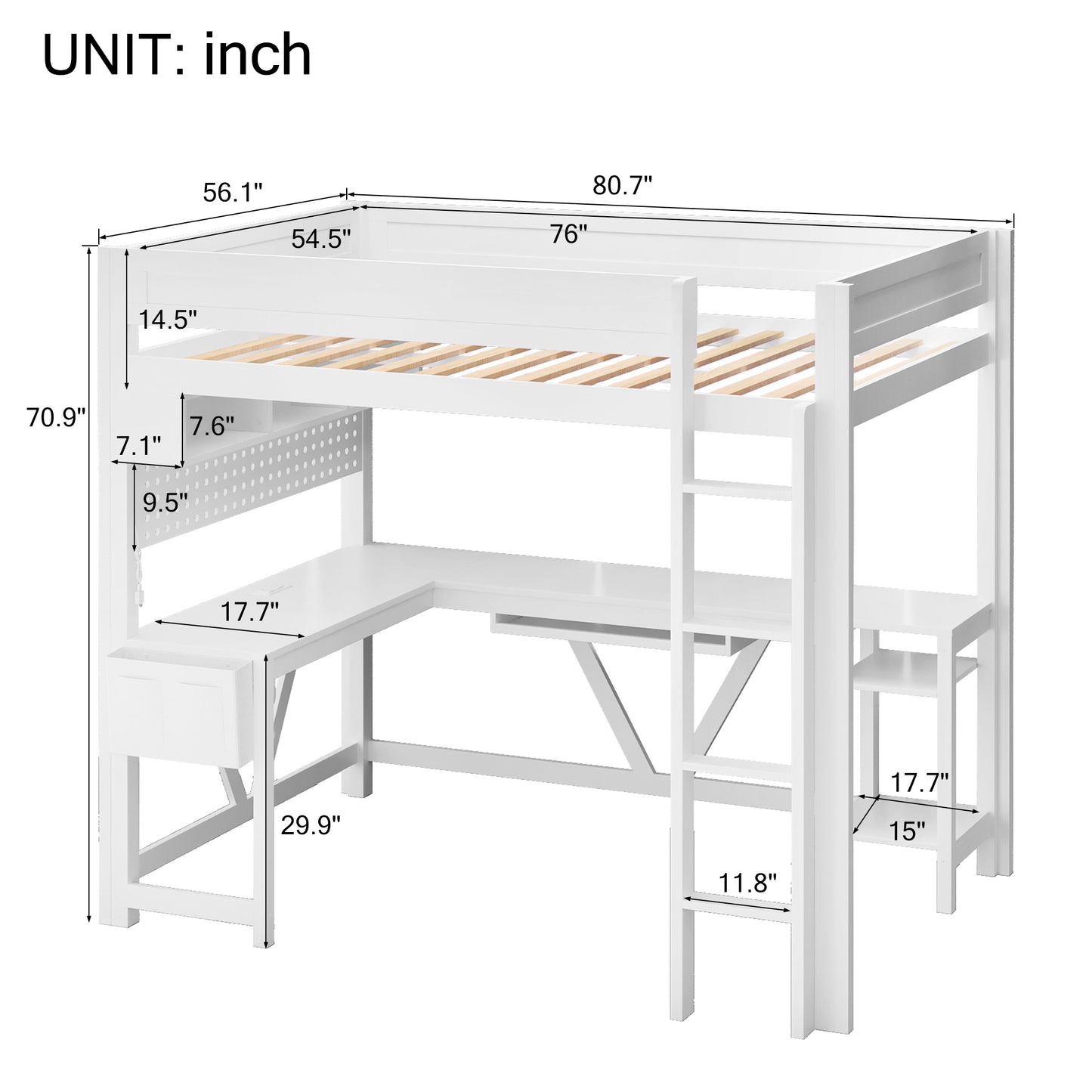 Wood Full Size Gaming Loft Bed with Desk, Storage Shelves, LED and Charging Station, White