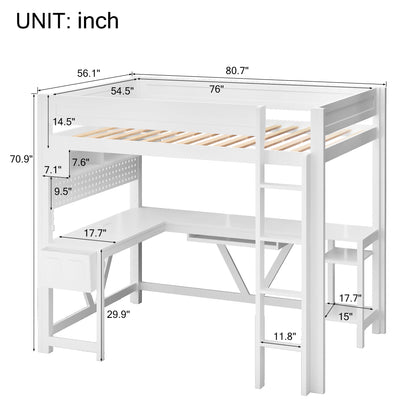 Wood Full Size Gaming Loft Bed with Desk, Storage Shelves, LED and Charging Station, White