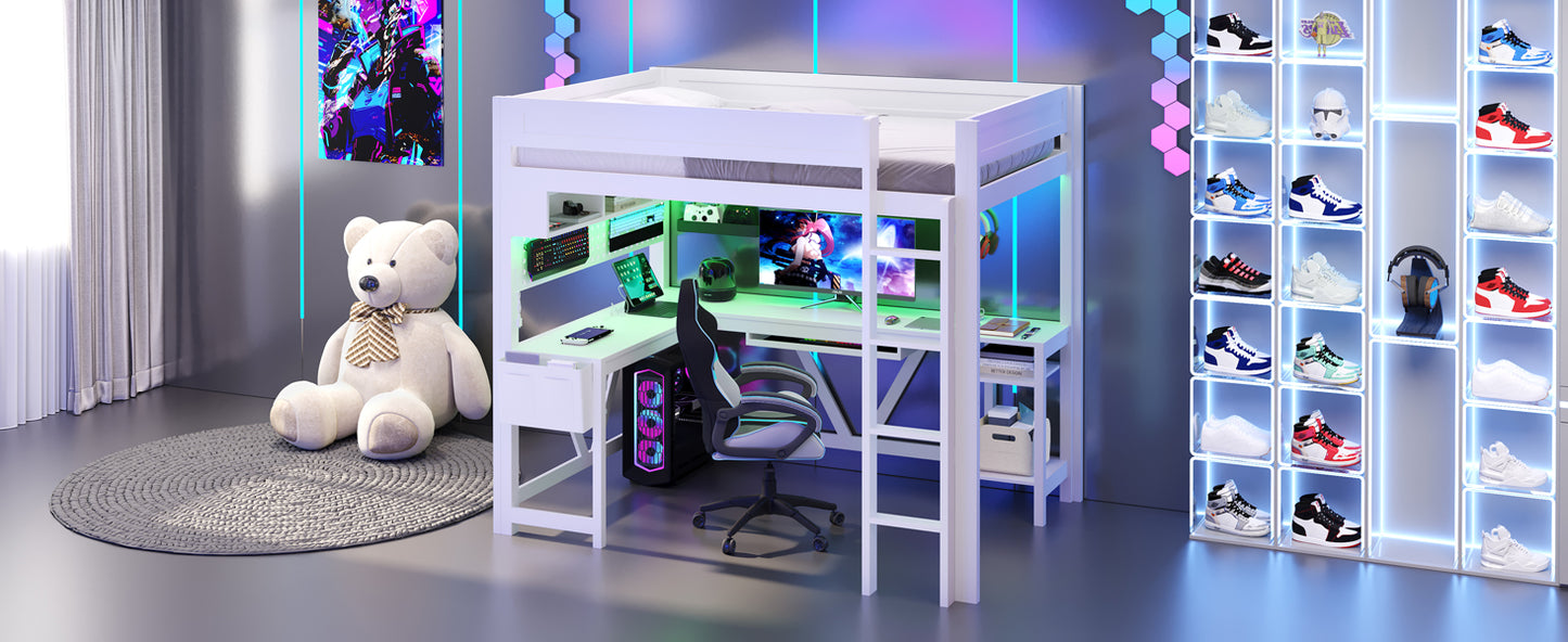 Wood Full Size Gaming Loft Bed with Desk, Storage Shelves, LED and Charging Station, White