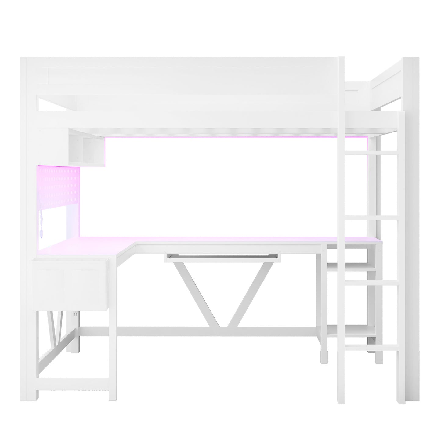 Wood Full Size Gaming Loft Bed with Desk, Storage Shelves, LED and Charging Station, White