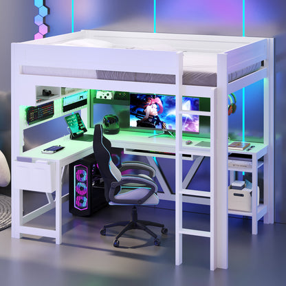 Wood Full Size Gaming Loft Bed with Desk, Storage Shelves, LED and Charging Station, White