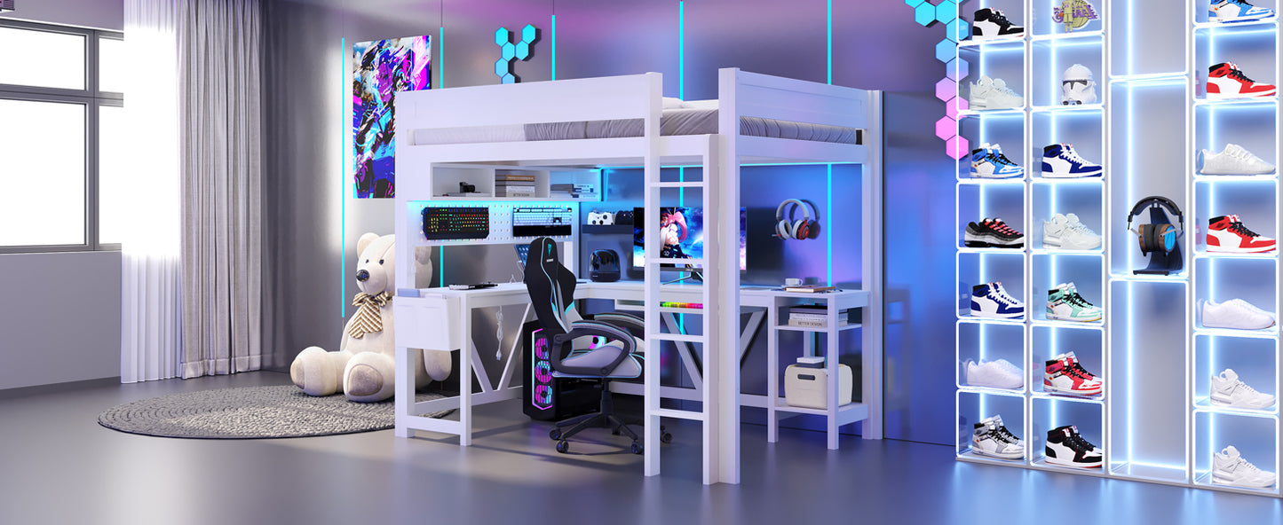 Wood Full Size Gaming Loft Bed with Desk, Storage Shelves, LED and Charging Station, White