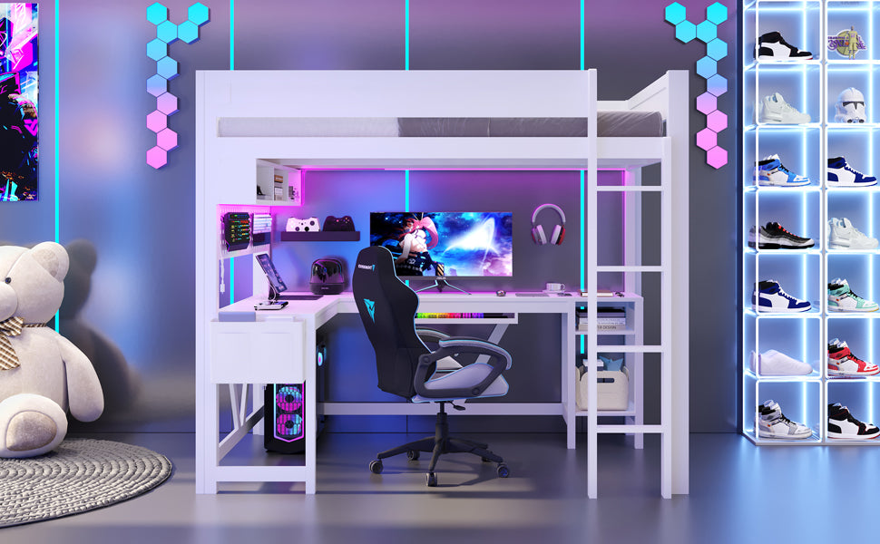Wood Full Size Gaming Loft Bed with Desk, Storage Shelves, LED and Charging Station, White