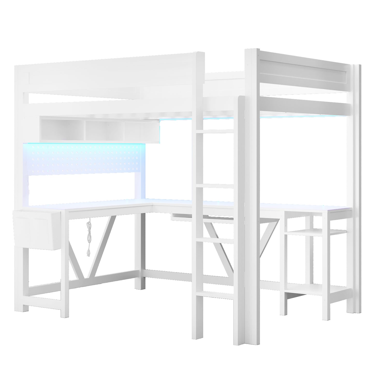 Wood Full Size Gaming Loft Bed with Desk, Storage Shelves, LED and Charging Station, White