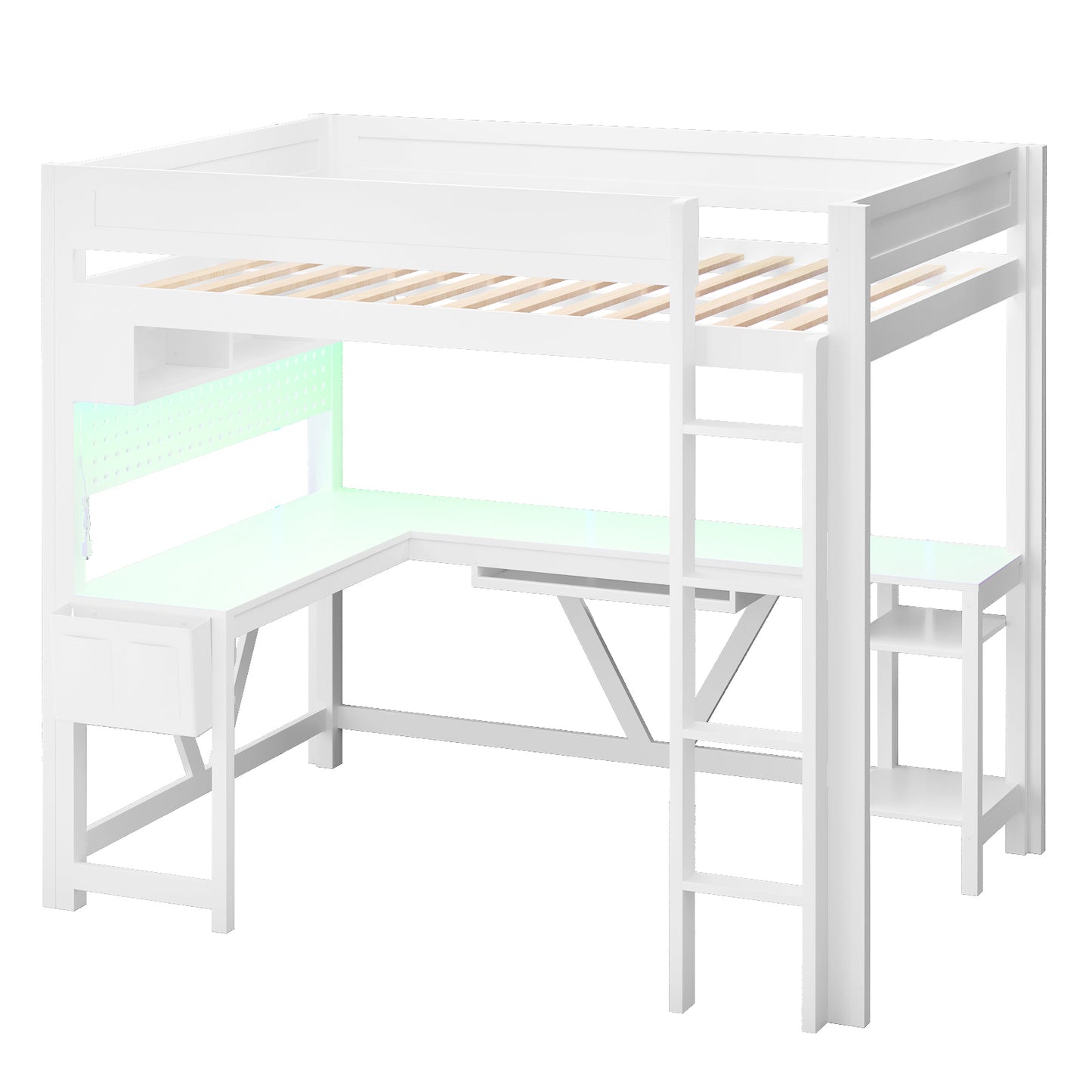 Wood Full Size Gaming Loft Bed with Desk, Storage Shelves, LED and Charging Station, White