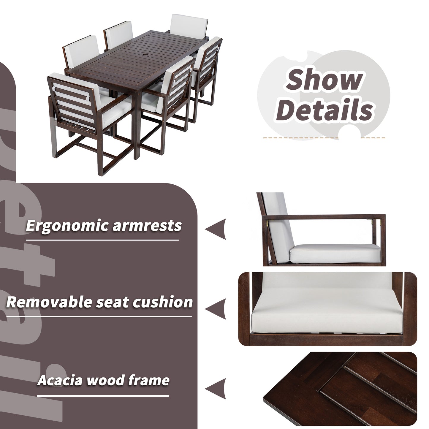 Patio Dining Set Outdoor Dining Table and Chair Set with and Removable Cushions for Patio, Backyard, Garden, Dark Brown