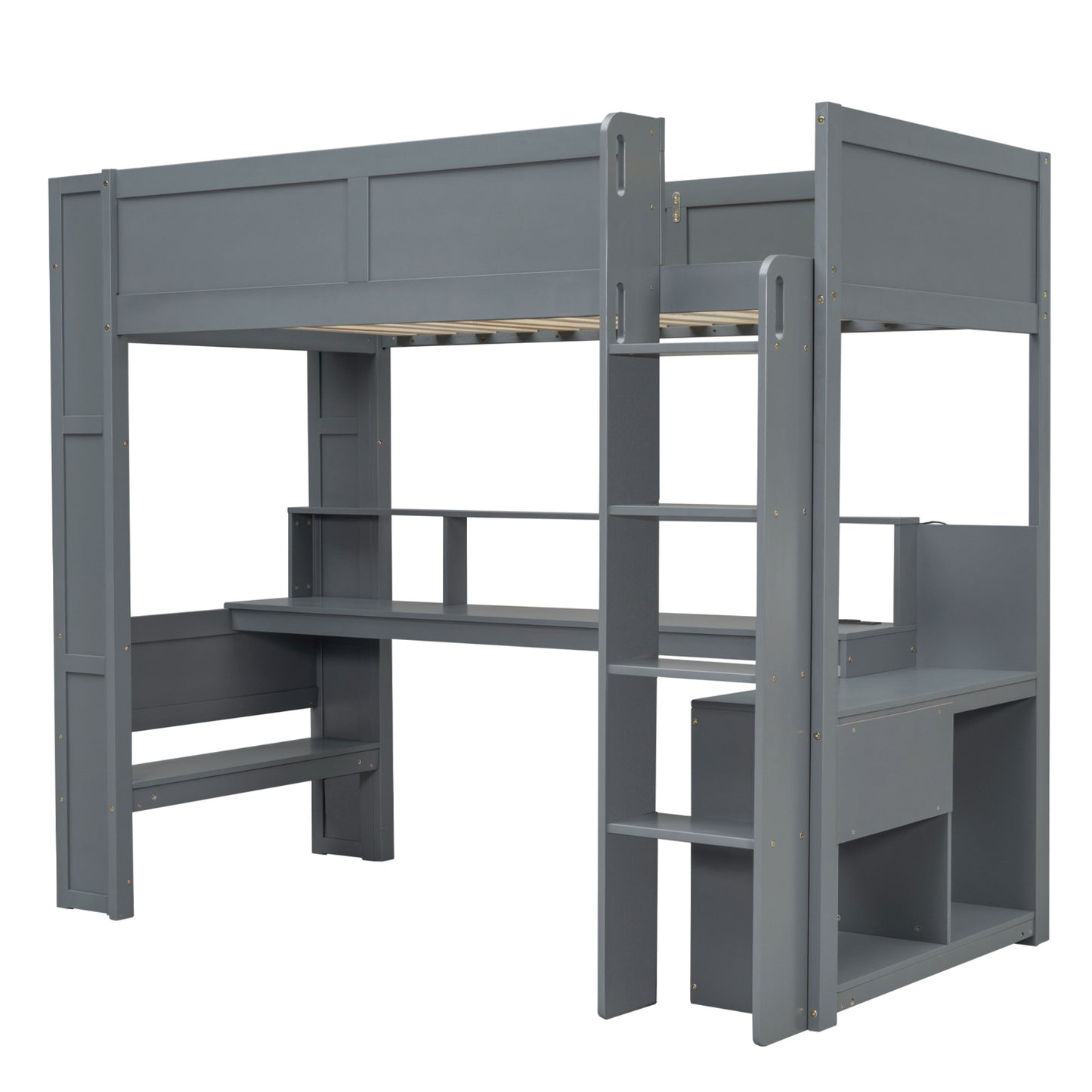 Wood Twin Size Gaming Loft Bed with Desk, Multi-storage Shelves, LED and Charging Station, Dark Gray