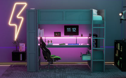 Wood Twin Size Gaming Loft Bed with Desk, Multi-storage Shelves, LED and Charging Station, Dark Gray